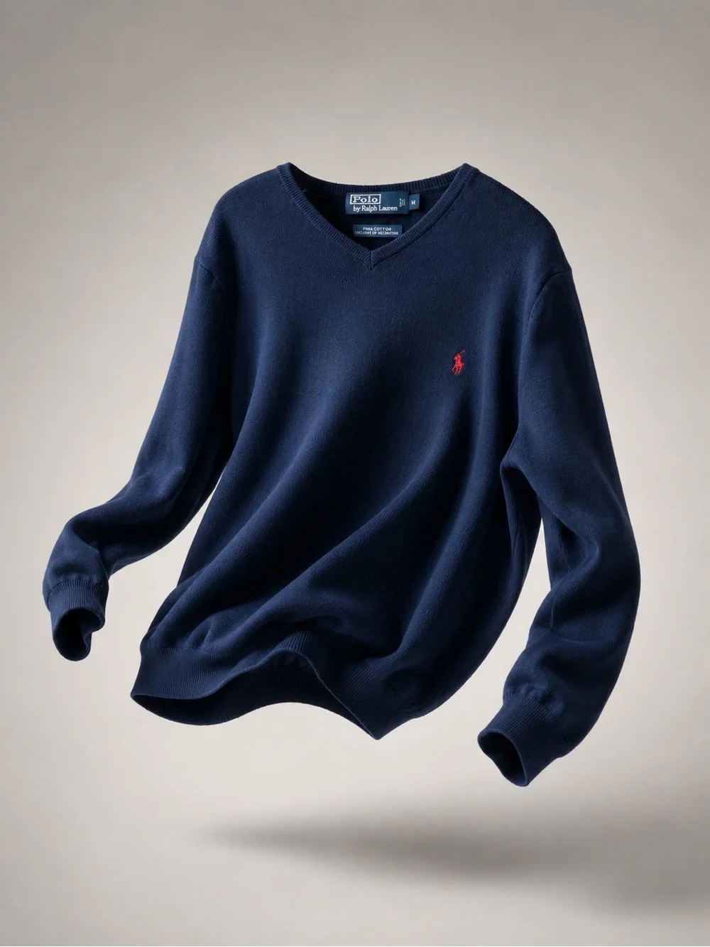 Ralph Lauren Navy V-Neck Cotton Sweater with Red Pony